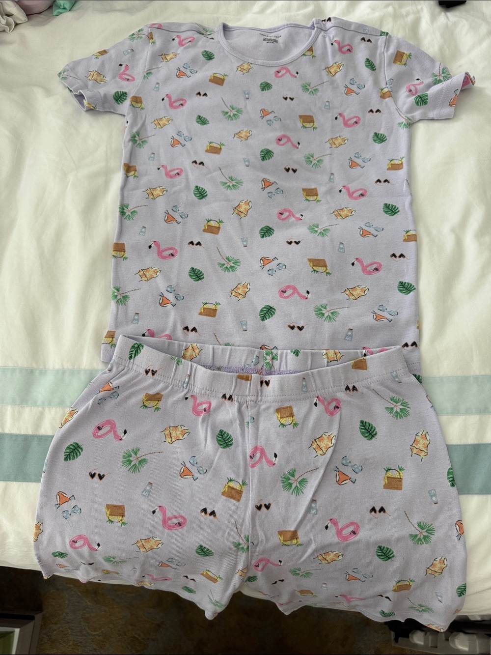 Girls Short Sleeve Janie and Jack Pajama Set with Pink Flamingo Print - Lavender